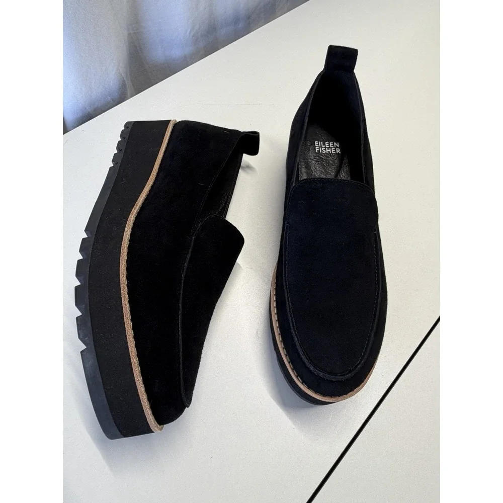 Eileen Fisher Ells Wedge‎ Lug-Sole Loafers Black Women's Size 8.5M NEW With Tag